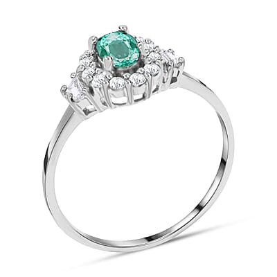 Emerald and White Zircon 1.10 ctw Ring in Platinum Over Sterling Silver (Size 10.0)