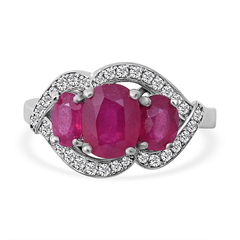 Niassa Ruby (FF) and White Zircon 3.12 ctw Ring in Platinum Over Sterling Silver (Size 11.5)