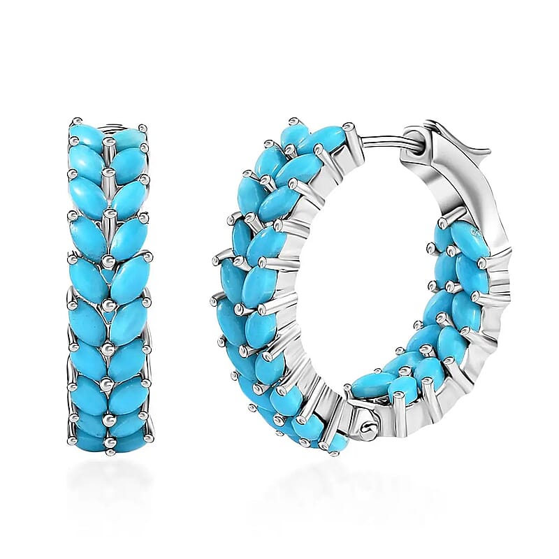 Sleeping Beauty Turquoise Hoop Earrings in Platinum Plated Sterling Silver, Turquoise Hoops, Silver Jewelry For Women 5.60 ctw