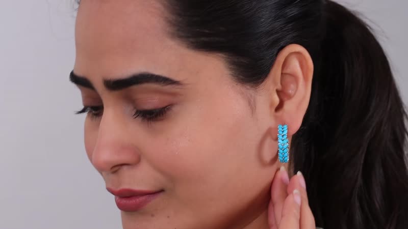 Sleeping Beauty Turquoise Hoop Earrings in Platinum Plated Sterling Silver, Turquoise Hoops, Silver Jewelry For Women 5.60 ctw