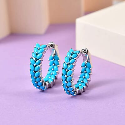 Sleeping Beauty Turquoise Hoop Earrings in Platinum Plated Sterling Silver, Turquoise Hoops, Silver Jewelry For Women 5.60 ctw