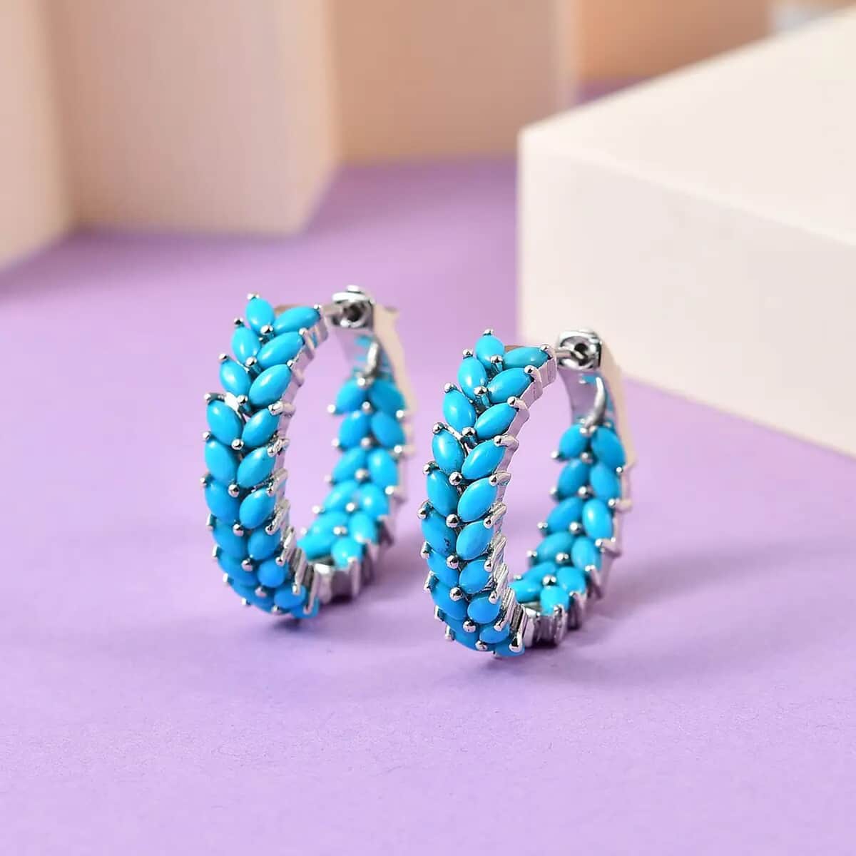 Sleeping Beauty Turquoise Hoop Earrings in Platinum Plated Sterling Silver, Turquoise Hoops, Silver Jewelry For Women 5.85 ctw image number 1