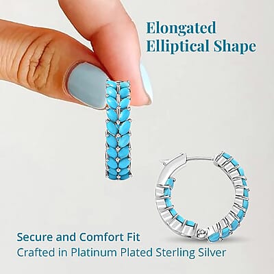 Sleeping Beauty Turquoise Hoop Earrings in Platinum Plated Sterling Silver, Turquoise Hoops, Silver Jewelry For Women 5.60 ctw