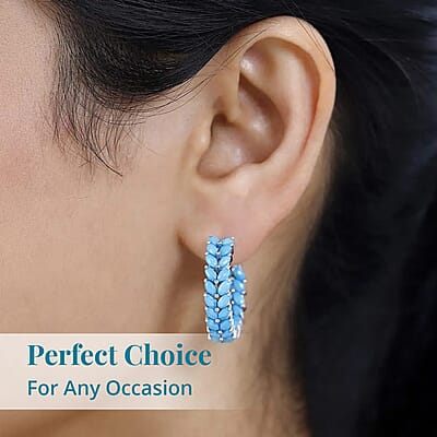 Sleeping Beauty Turquoise Hoop Earrings in Platinum Plated Sterling Silver, Turquoise Hoops, Silver Jewelry For Women 5.60 ctw