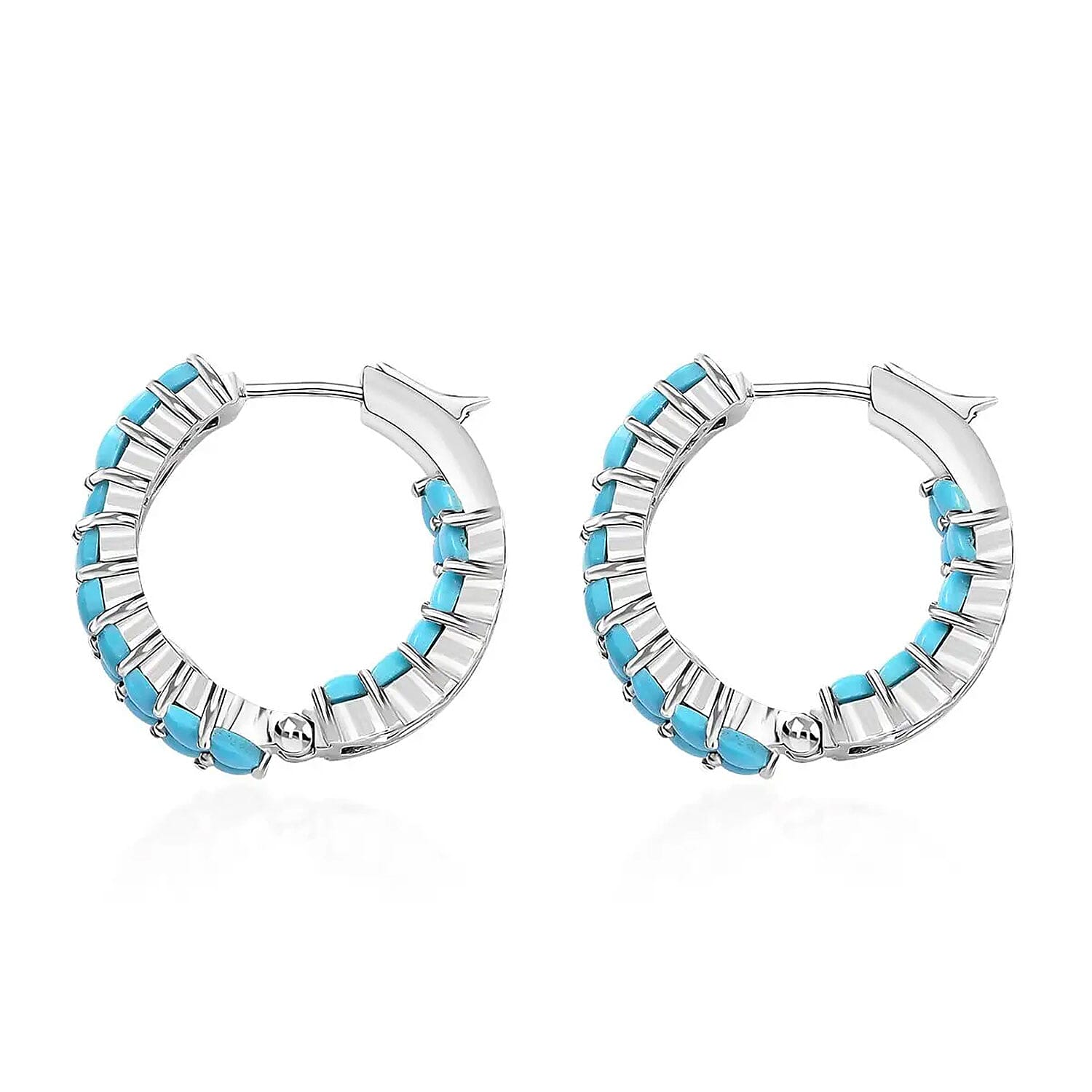 Sleeping Beauty Turquoise Hoop Earrings in Platinum Plated Sterling Silver, Turquoise Hoops, Silver Jewelry For Women 5.60 ctw