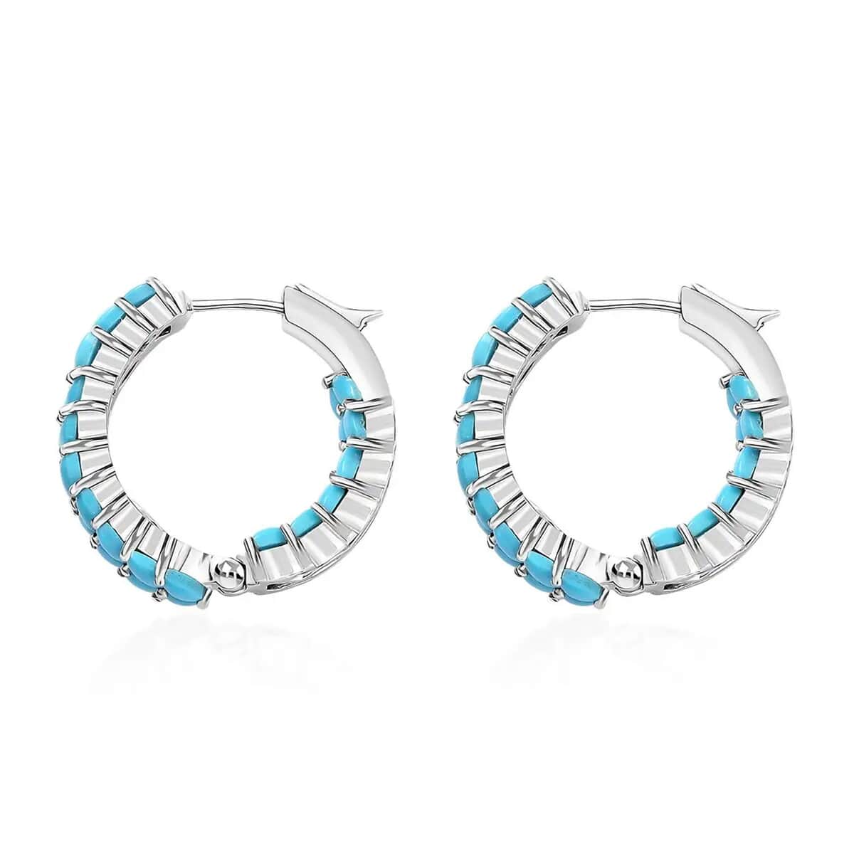 Sleeping Beauty Turquoise Hoop Earrings in Platinum Plated Sterling Silver, Turquoise Hoops, Silver Jewelry For Women 5.60 ctw image number 7
