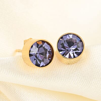 Purple Austrian Crystal Stud Earrings in ION Plated YG Stainless Steel