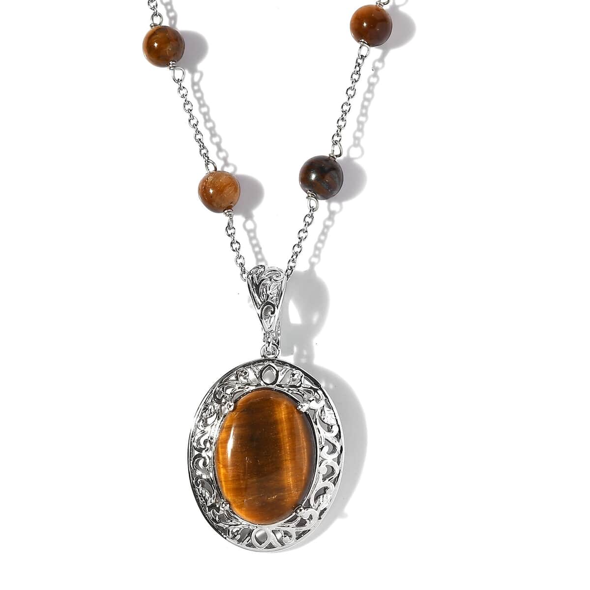 Karis Tiger's Eye Necklace (18 Inches) in Platinum Bond and Stainless Steel 16.75 ctw , Tarnish-Free, Waterproof, Sweat Proof Jewelry image number 0