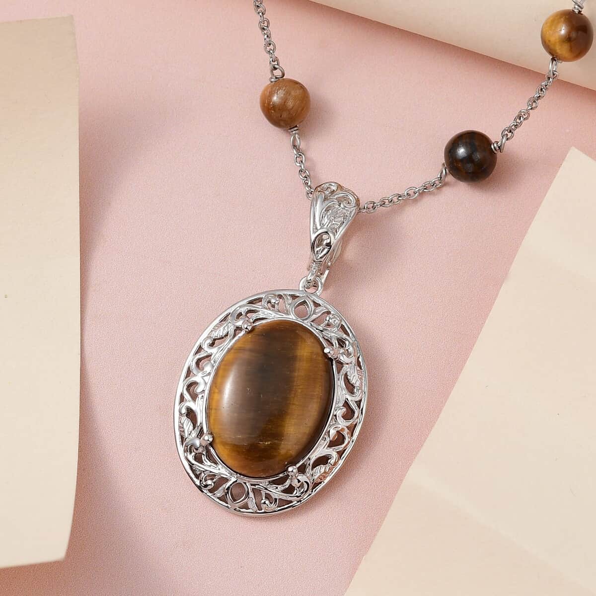 Karis Tiger's Eye Necklace (18 Inches) in Platinum Bond and Stainless Steel 16.75 ctw , Tarnish-Free, Waterproof, Sweat Proof Jewelry image number 1