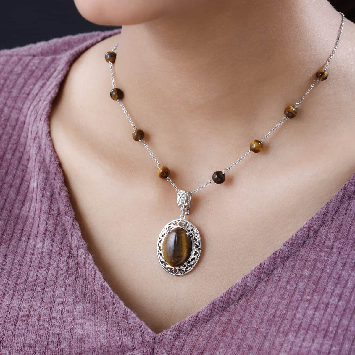 Karis Tiger's Eye Necklace (18 Inches) in Platinum Bond and Stainless Steel 16.75 ctw , Tarnish-Free, Waterproof, Sweat Proof Jewelry image number 2