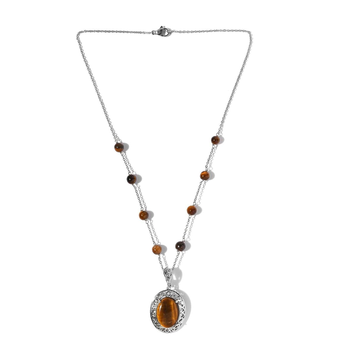 Karis Tiger's Eye Necklace (18 Inches) in Platinum Bond and Stainless Steel 16.75 ctw , Tarnish-Free, Waterproof, Sweat Proof Jewelry image number 3