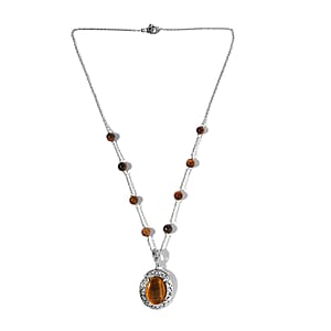 Karis Tiger's Eye Necklace (18 Inches) in Platinum Bond and Stainless Steel 16.75 ctw , Tarnish-Free, Waterproof, Sweat Proof Jewelry