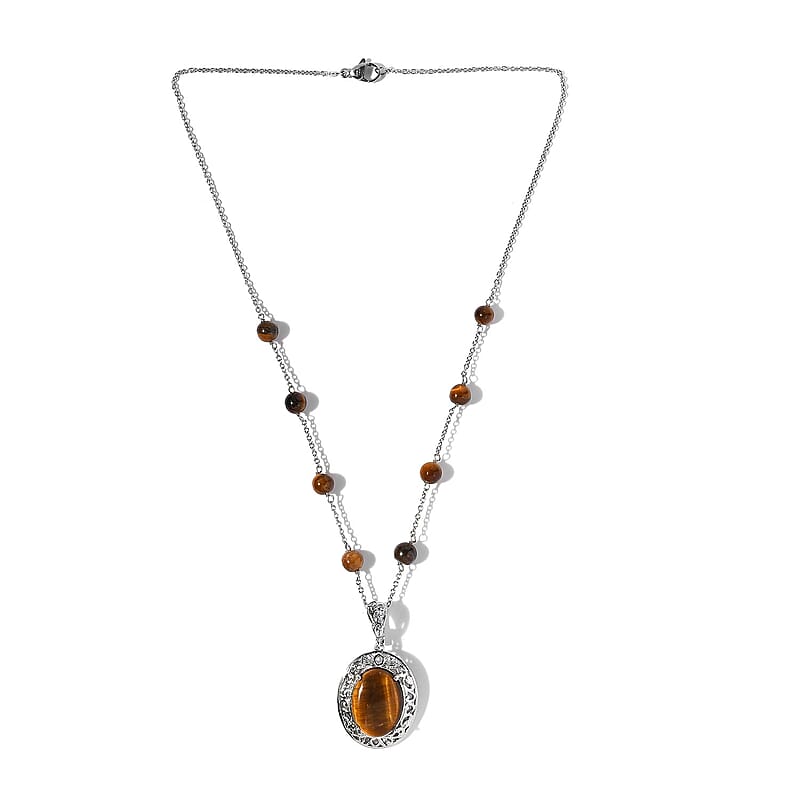 Karis Tiger's Eye Necklace (18 Inches) in Platinum Bond and Stainless Steel 16.75 ctw , Tarnish-Free, Waterproof, Sweat Proof Jewelry