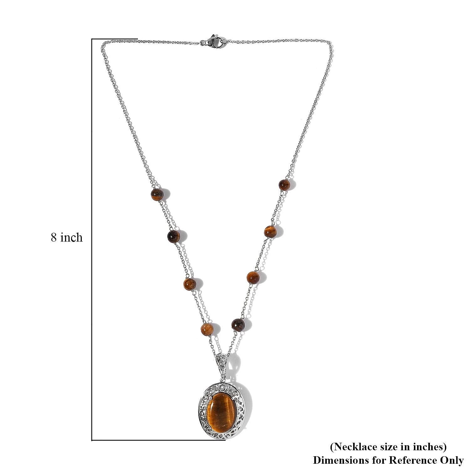 Karis Tiger's Eye Necklace (18 Inches) in Platinum Bond and Stainless Steel 16.75 ctw , Tarnish-Free, Waterproof, Sweat Proof Jewelry