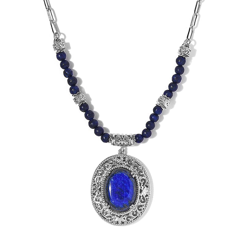 Karis Lapis Lazuli Necklace (18-20 Inches) in Platinum Bond & Stainless Steel 26.50 ctw , Tarnish-Free, Waterproof, Sweat Proof Jewelry