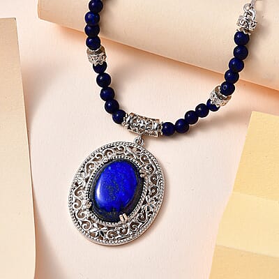 Karis Lapis Lazuli Necklace (18-20 Inches) in Platinum Bond & Stainless Steel 26.50 ctw , Tarnish-Free, Waterproof, Sweat Proof Jewelry