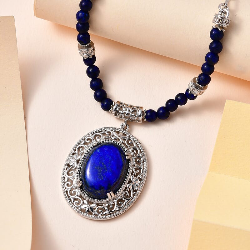 Karis Lapis Lazuli Necklace (18-20 Inches) in Platinum Bond & Stainless Steel 26.50 ctw , Tarnish-Free, Waterproof, Sweat Proof Jewelry