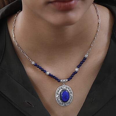 Karis Lapis Lazuli Necklace (18-20 Inches) in Platinum Bond & Stainless Steel 26.50 ctw , Tarnish-Free, Waterproof, Sweat Proof Jewelry