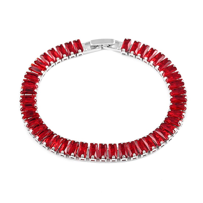 Simulated Red Diamond Tennis Bracelet in Silvertone (7.00 In) 31.50 ctw