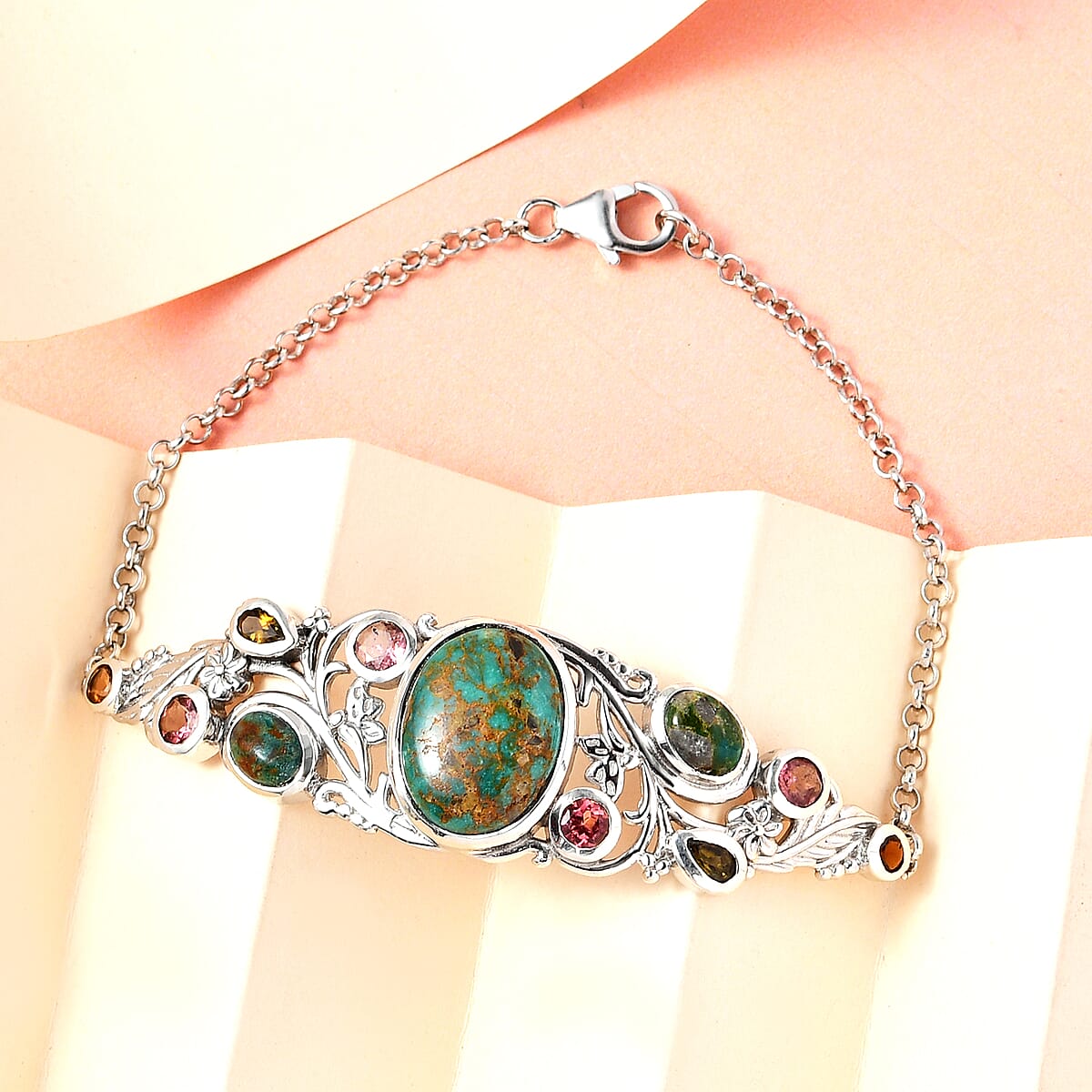 Sierra Nevada Turquoise and Multi-Tourmaline Fancy Bracelet in Platinum Over Sterling Silver (7.50 In) 12.00 ctw image number 1