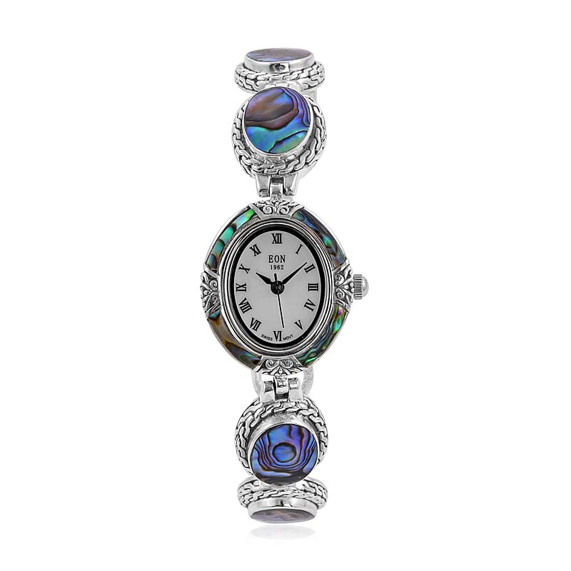 Bali Legacy EON 1962 Abalone Shell Swiss Movement Watch in Sterling Silver (7.50 In) (26mm) , Designer Bracelet Watch , Analog Luxury Wristwatch