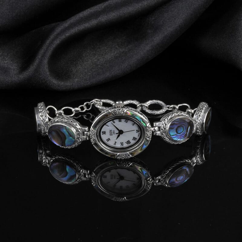 Bali Legacy EON 1962 Abalone Shell Swiss Movement Watch in Sterling Silver (7.50 In) (26mm) , Designer Bracelet Watch , Analog Luxury Wristwatch