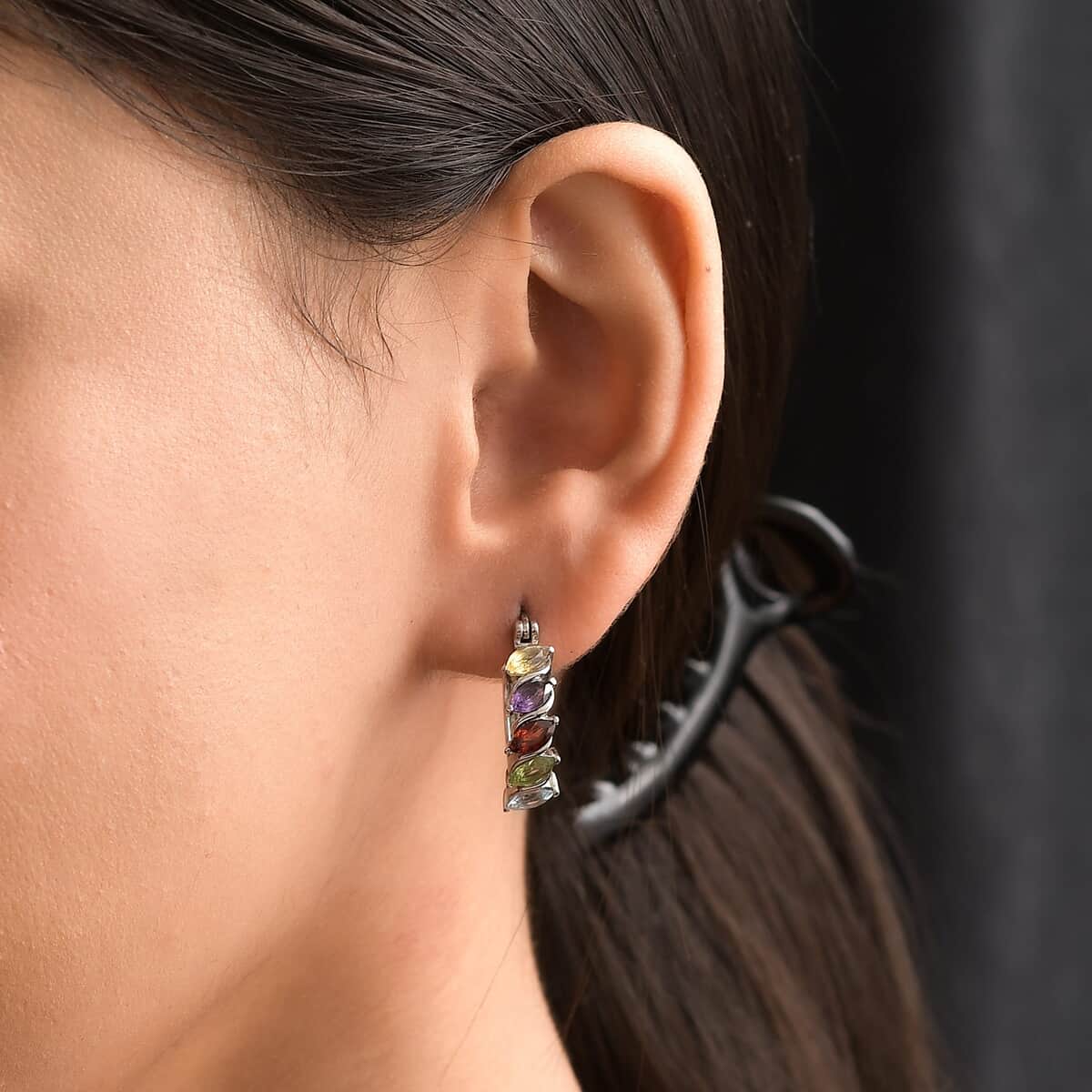 Multi Gemstone Hoop Earrings in Stainless Steel 2.50 ctw | Tarnish-Free, Waterproof, Sweat Proof Jewelry image number 2
