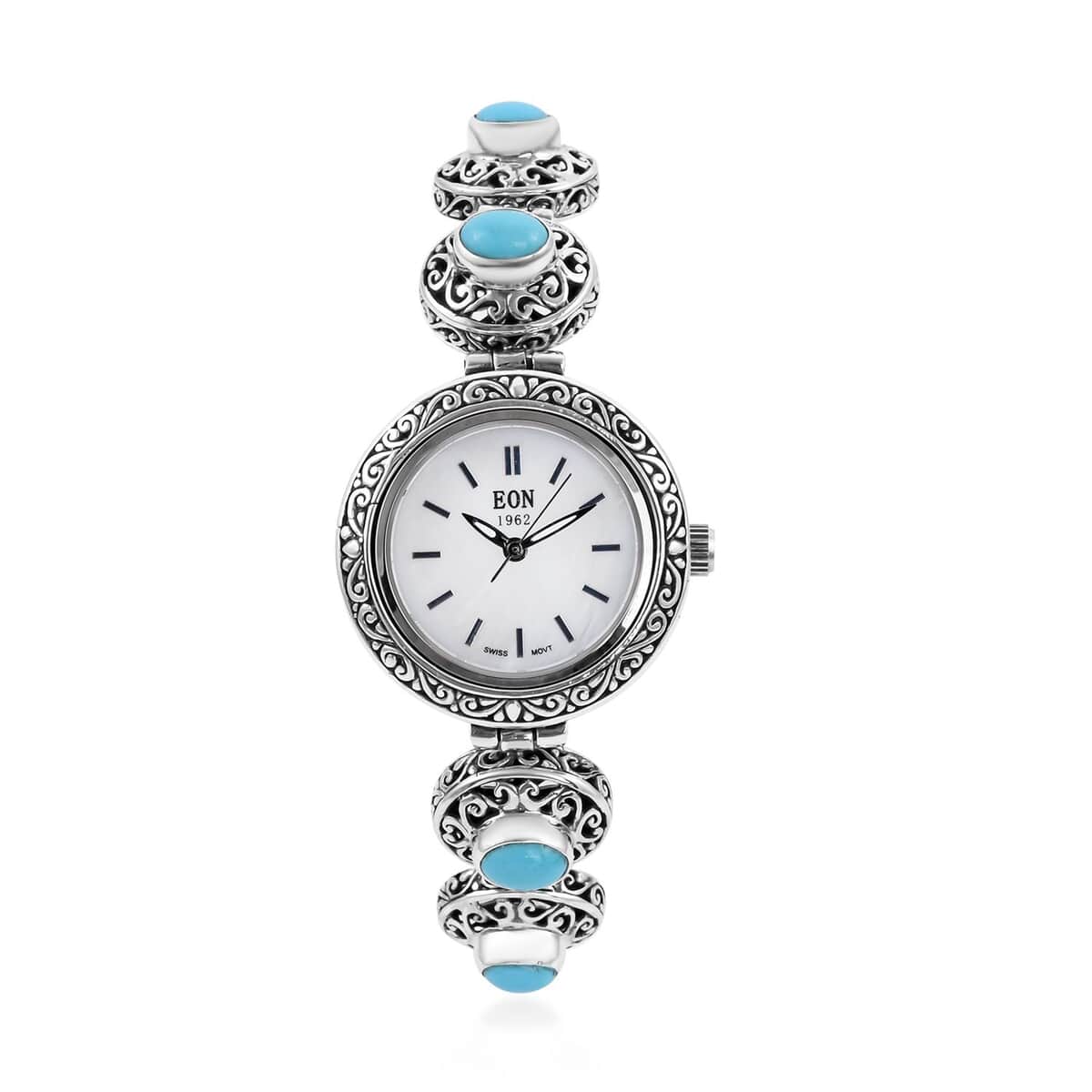 Doorbuster BALI LEGACY EON 1962 American Natural Sleeping Beauty Turquoise Swiss Movement Bracelet Watch in Sterling Silver (7.0-8.0Inches) (26mm) (36 g) 3.70 ctw image number 0