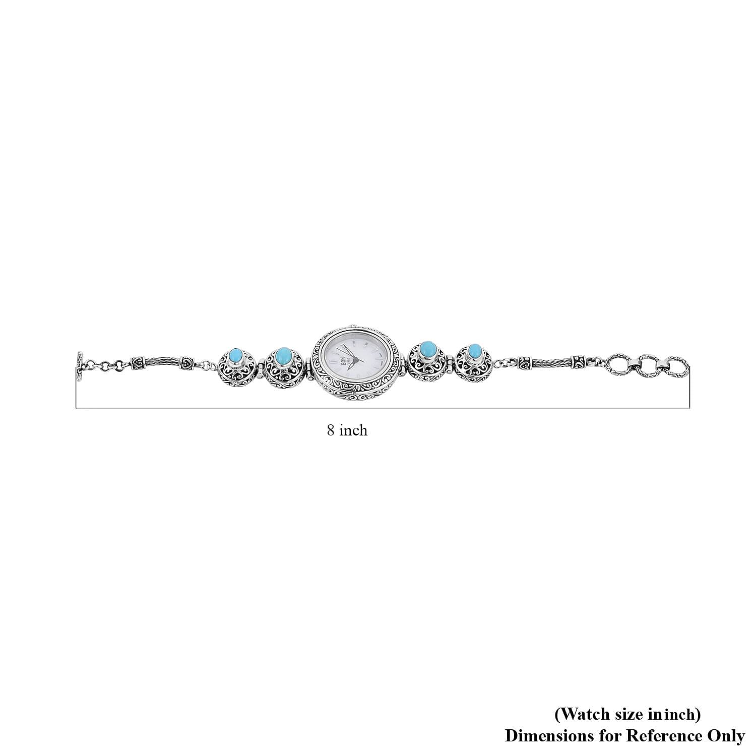 Bali Legacy Eon 1962 Sleeping Beauty Turquoise Swiss Movement Bracelet Watch in Sterling Silver (7.0-8.0Inches) (26mm) 3.70 ctw