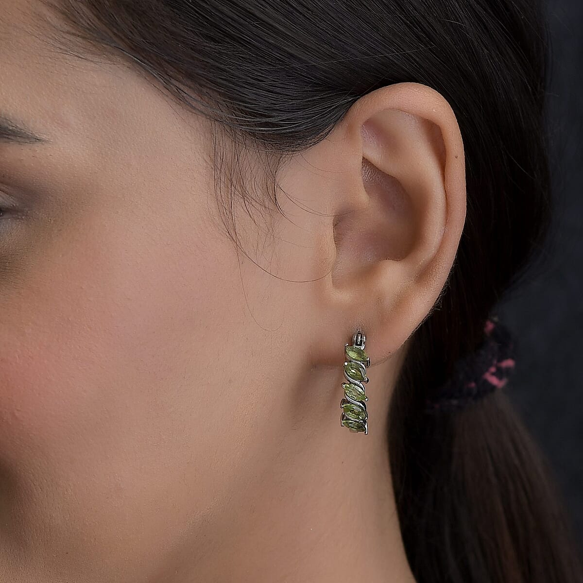 Peridot Hoop Earrings in Stainless Steel 2.50 ctw | Tarnish-Free, Waterproof, Sweat Proof Jewelry image number 2