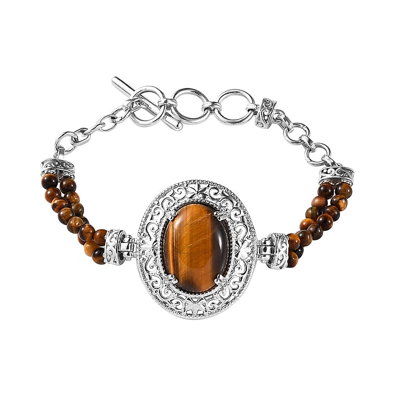 Karis Tiger's Eye 26.00 ctw Toggle Clasp Bracelet in Platinum Bond & Stainless Steel (6.50 In) with Extender