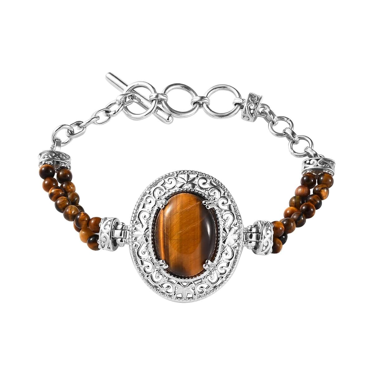 Karis Tiger's Eye Toggle Clasp Bracelet in Platinum Bond & Stainless Steel (6.50 In) with Extender 26.00 ctw image number 0