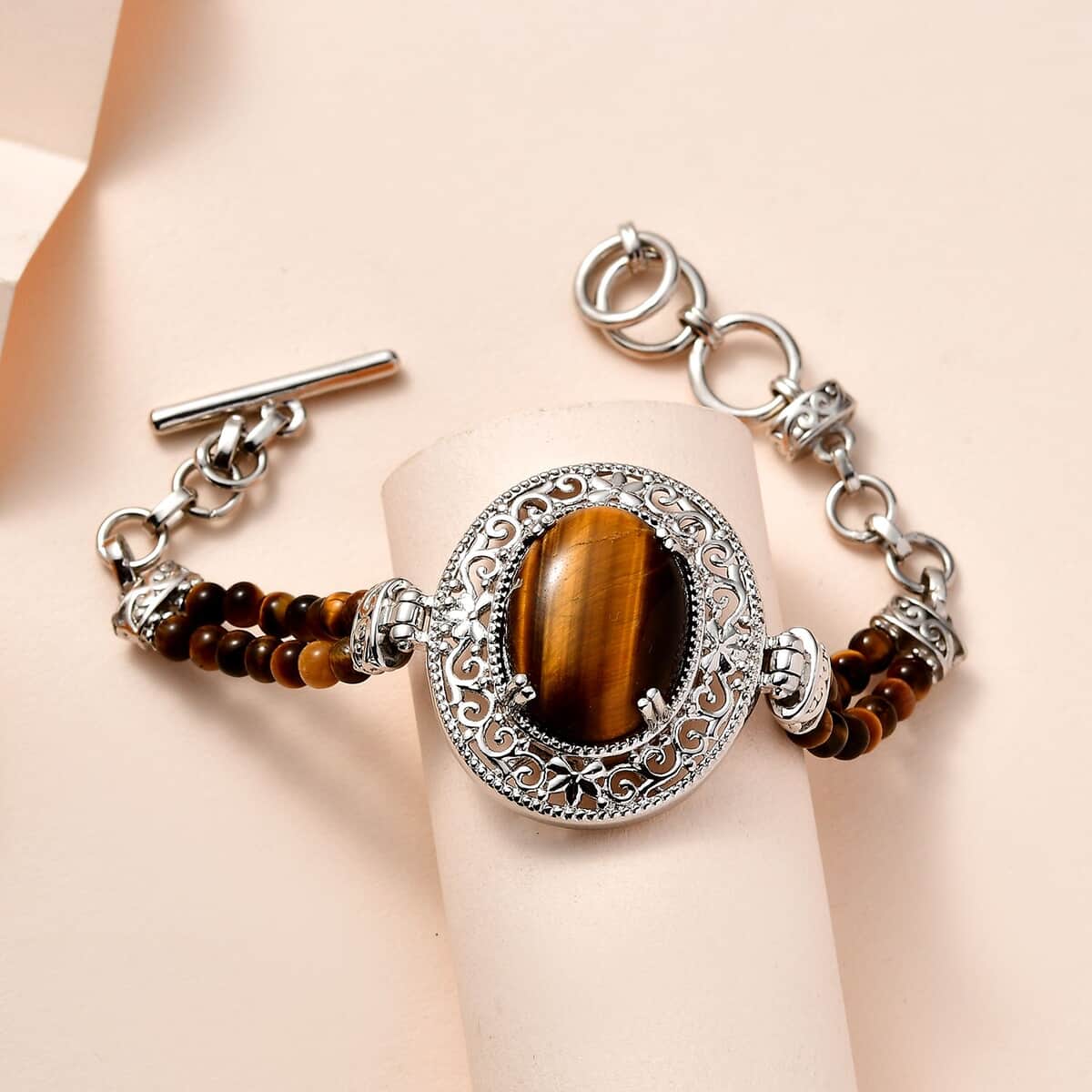 Karis Tiger's Eye Toggle Clasp Bracelet in Platinum Bond & Stainless Steel (6.50 In) with Extender 26.00 ctw image number 1