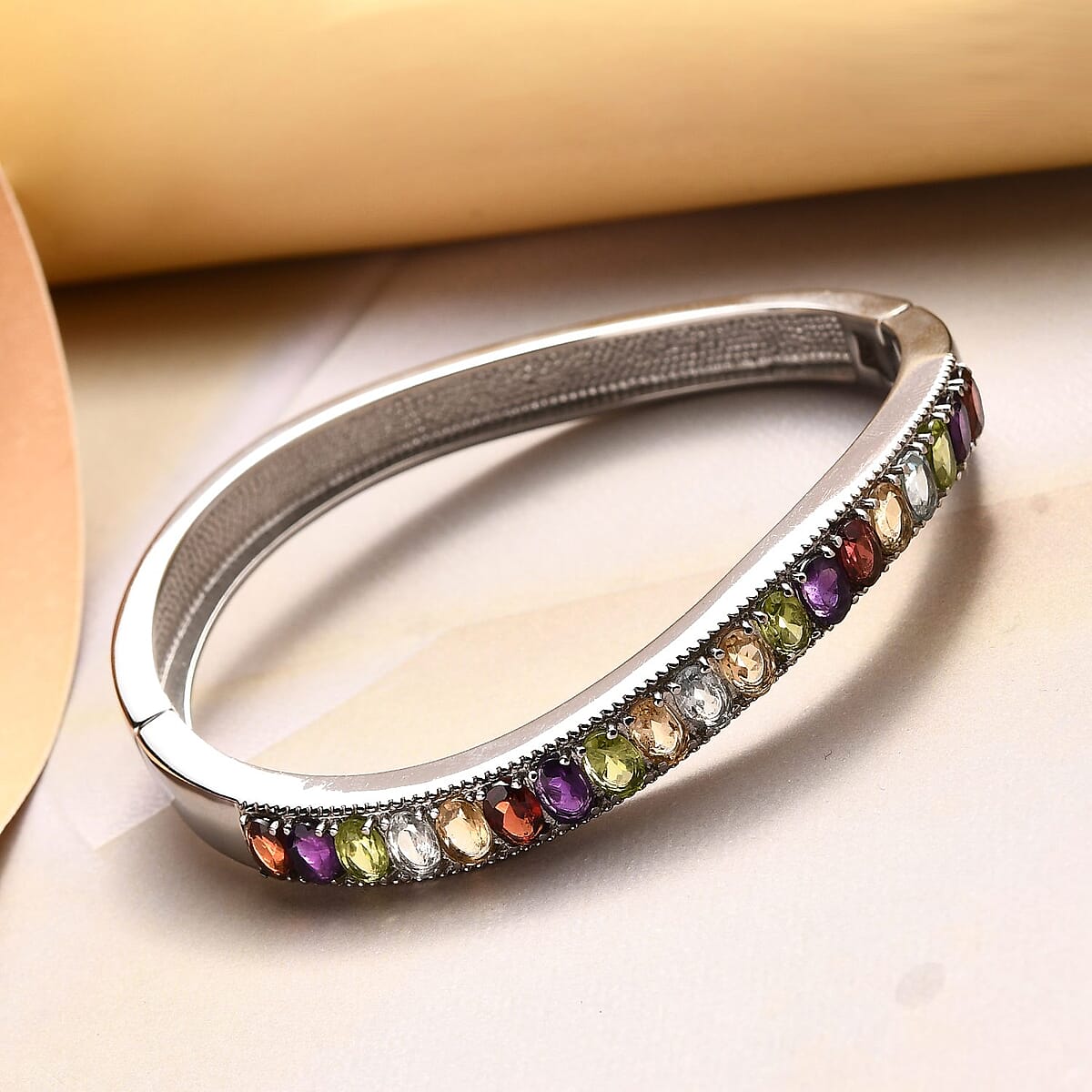 Multi Gemstone Bangle Bracelet in Stainless Steel (6.50 In) 9.65 ctw image number 1