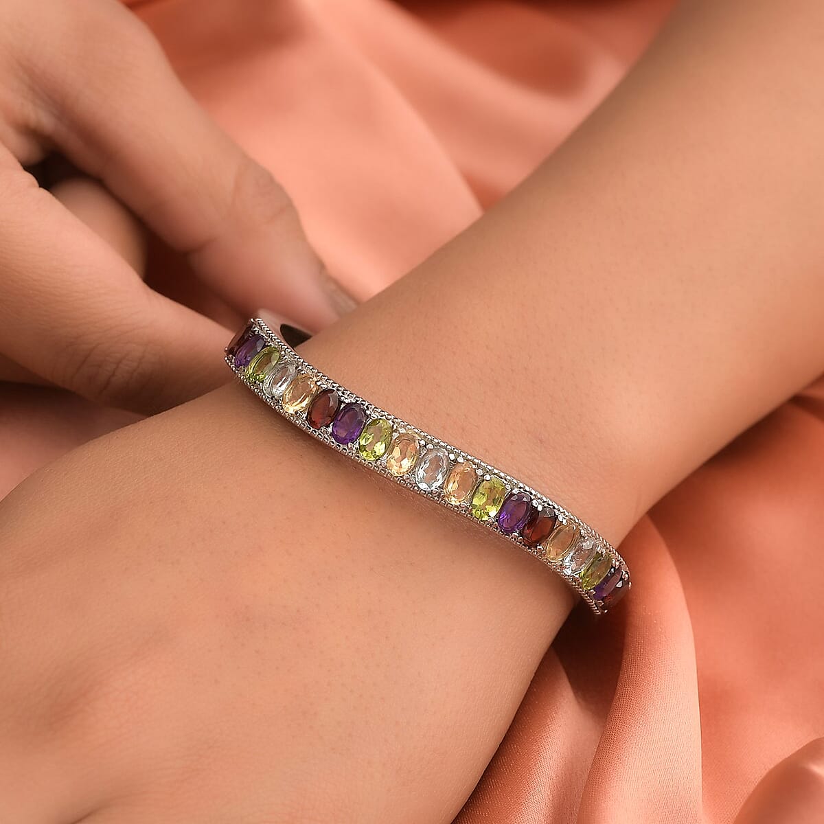 Multi Gemstone Bangle Bracelet in Stainless Steel (6.50 In) 9.65 ctw image number 2