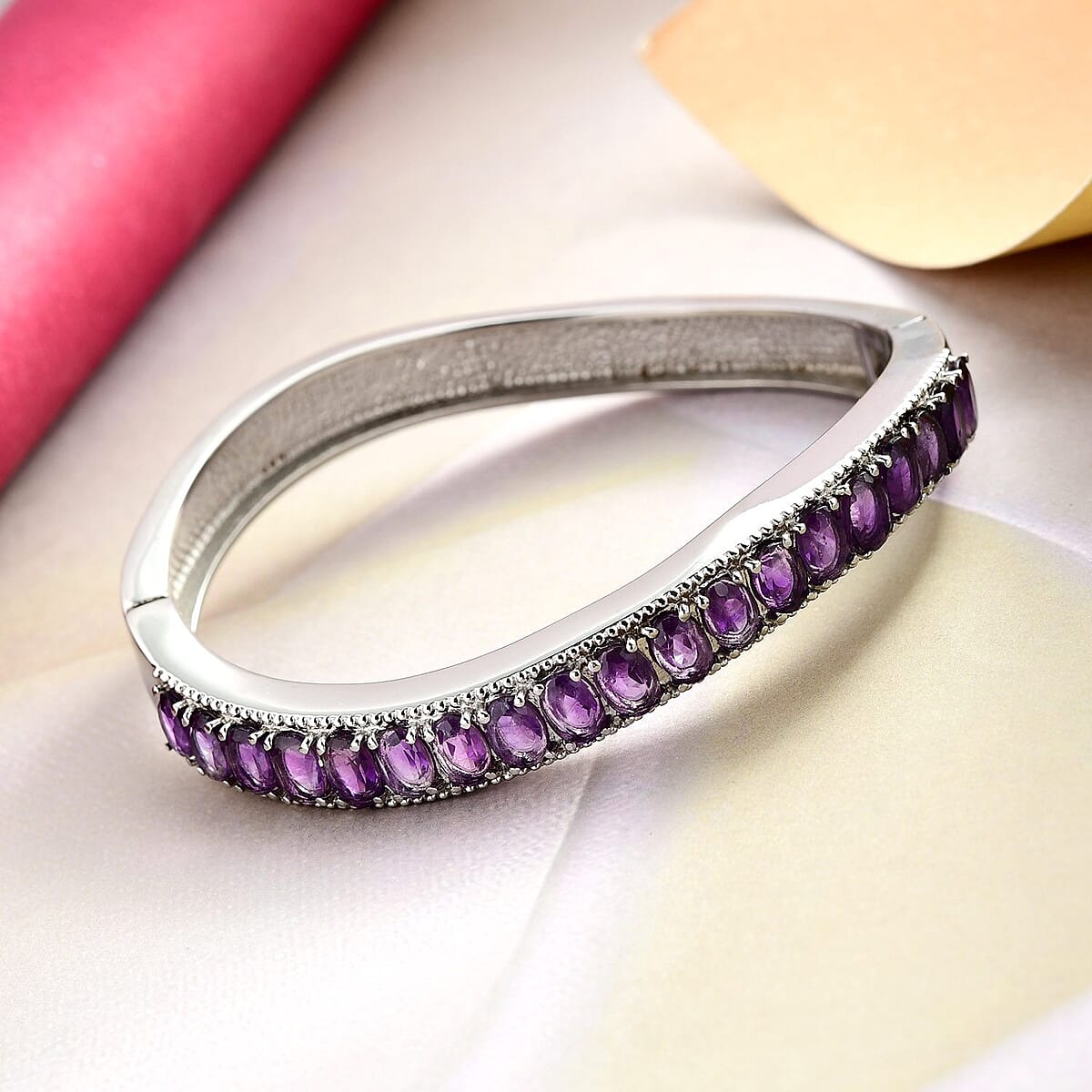 Amethyst Bangle Bracelet in Stainless Steel (7.25 In) 8.50 ctw image number 1