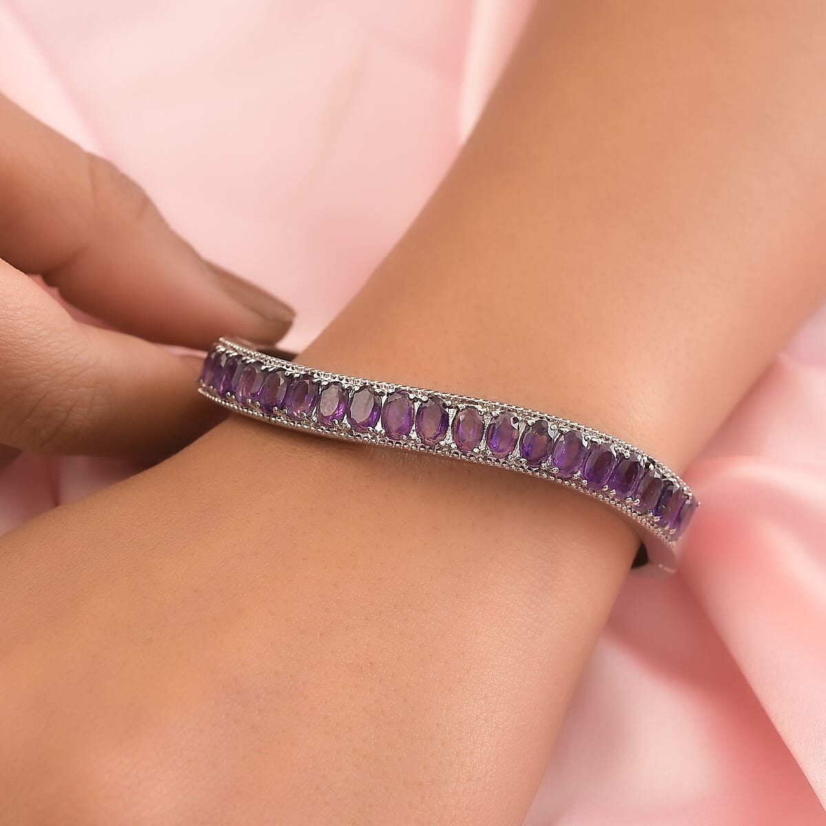 Amethyst Bangle Bracelet in Stainless Steel (7.25 In) 8.50 ctw image number 2