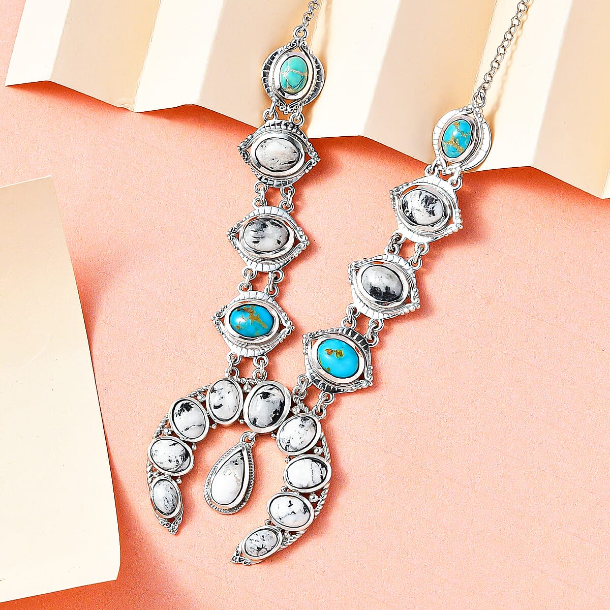 White Buffalo and South Hill Turquoise Squash Blossom Necklace 18 Inches in Platinum Over Sterling Silver 19.35 ctw image number 2