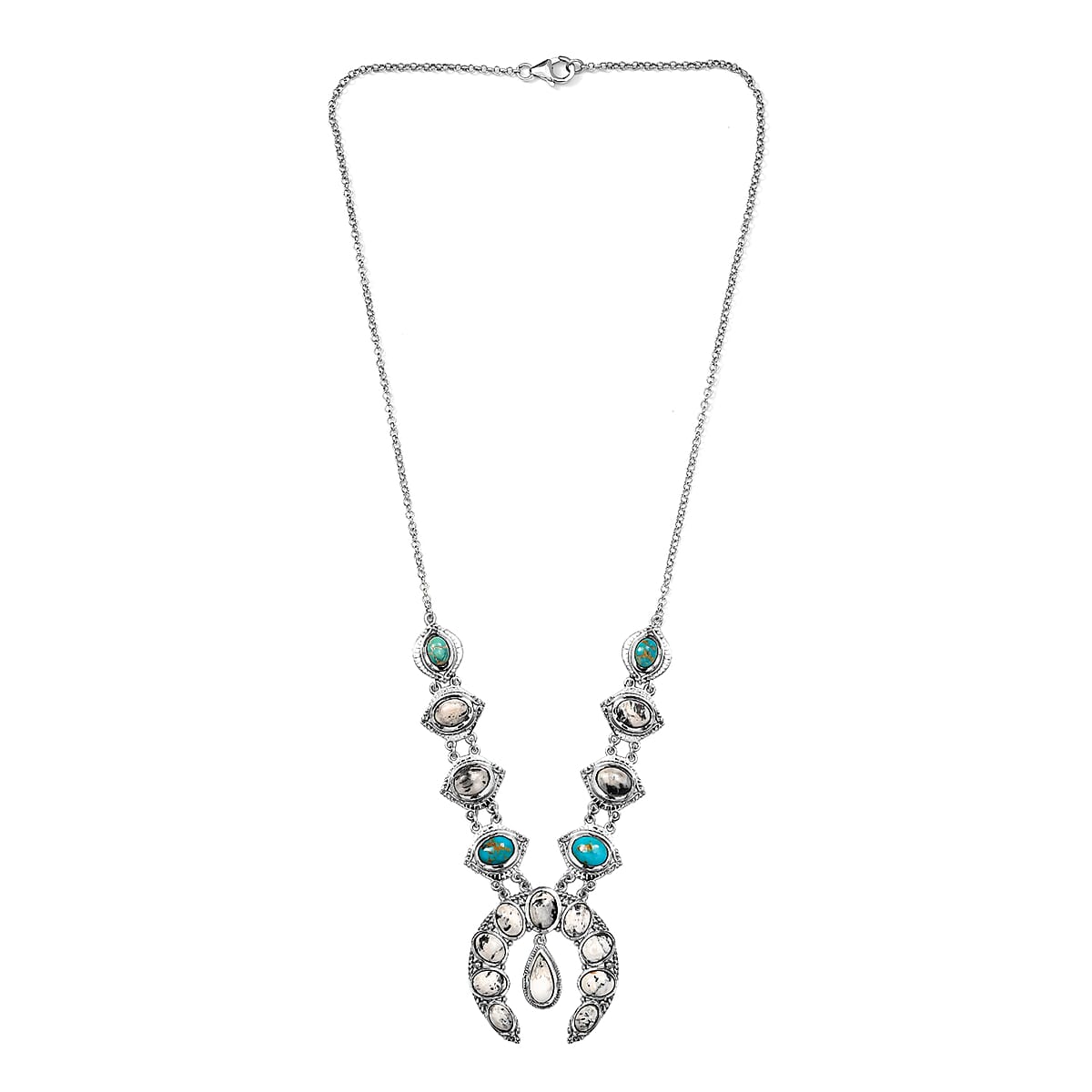 White Buffalo and South Hill Turquoise Squash Blossom Necklace 18 Inches in Platinum Over Sterling Silver 19.35 ctw image number 3