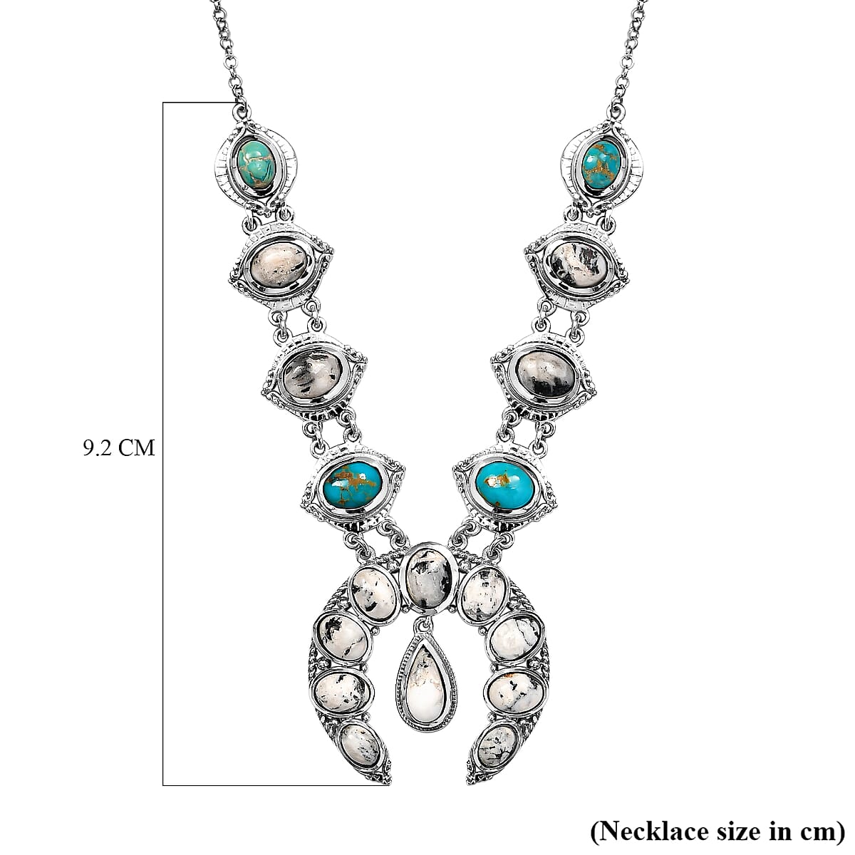 White Buffalo and South Hill Turquoise Squash Blossom Necklace 18 Inches in Platinum Over Sterling Silver 19.35 ctw image number 5