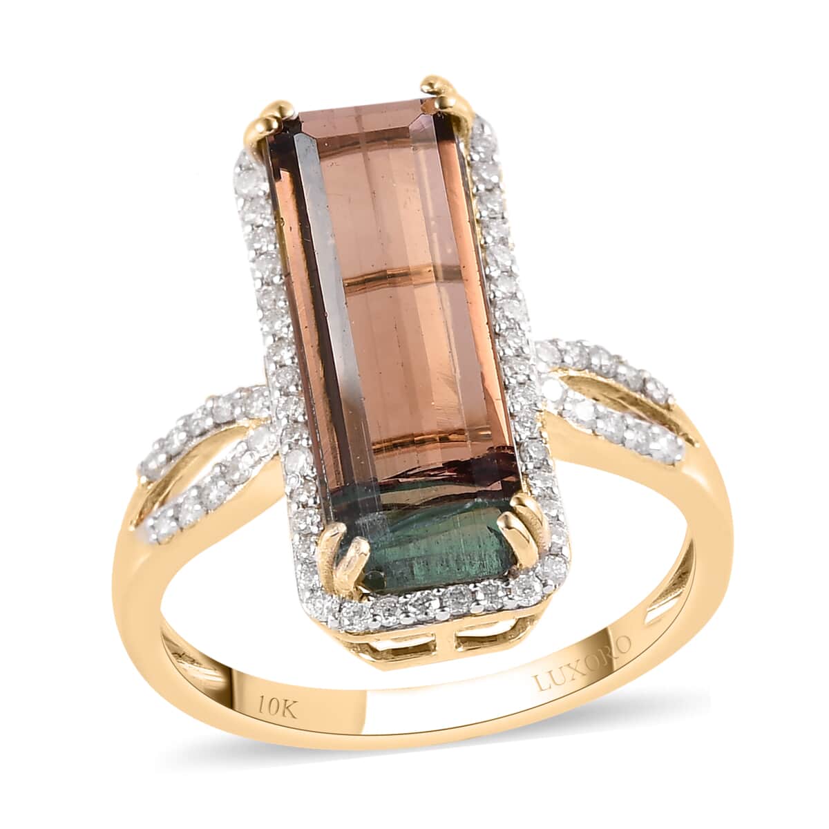 Luxoro 10K Yellow Gold Premium Watermelon Tourmaline and G-H I3 Diamond Ring (Size 8.0) 6.15 ctw image number 0