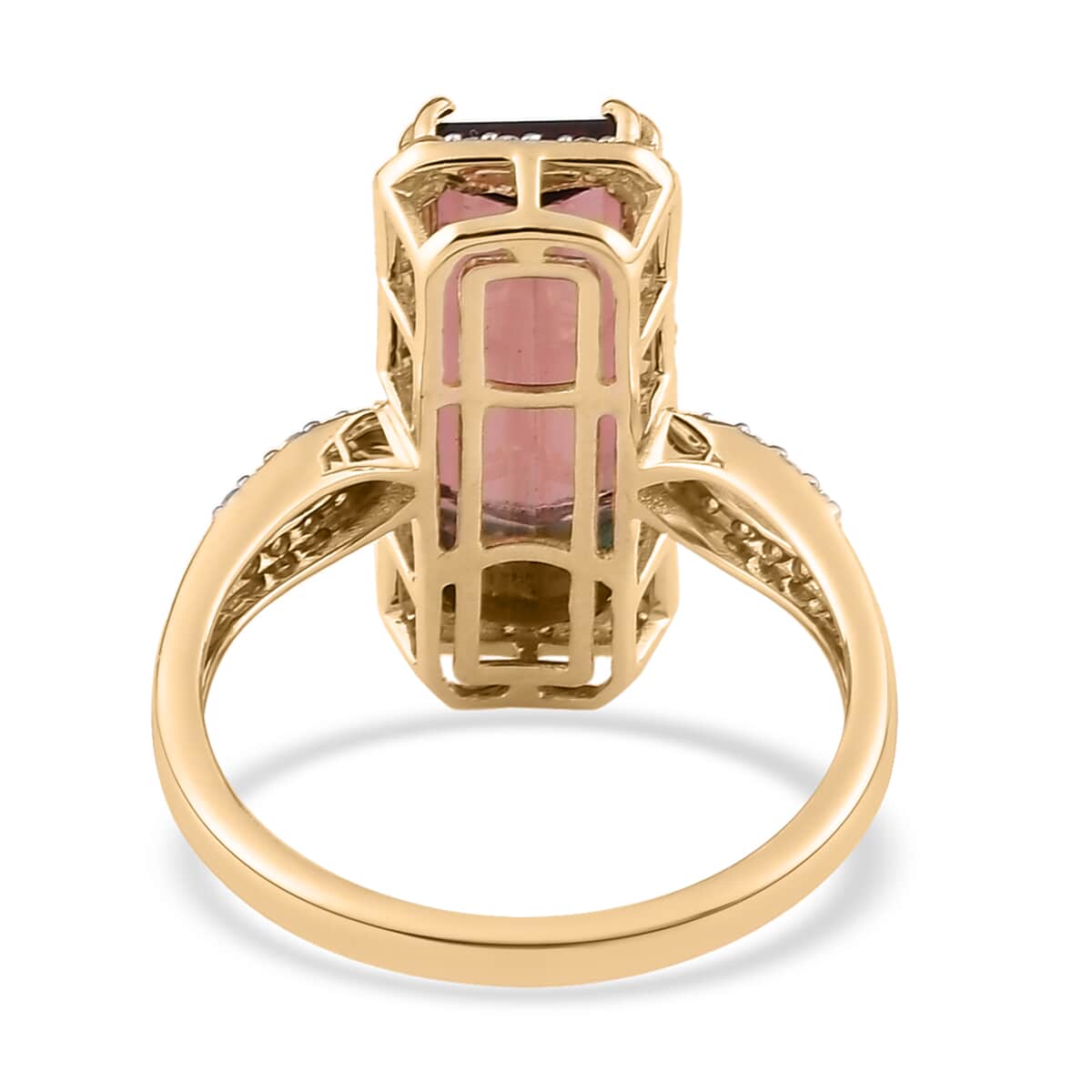 Luxoro 10K Yellow Gold Premium Watermelon Tourmaline and G-H I3 Diamond Ring (Size 8.0) 6.15 ctw image number 4