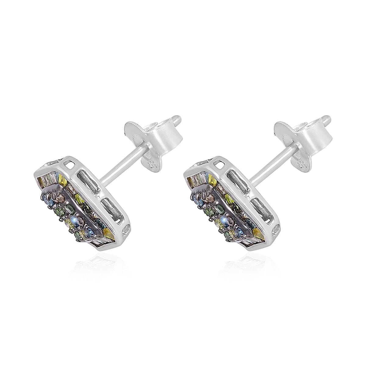 Multi Diamond Stud Earrings in Rhodium and Platinum Over Sterling Silver 0.50 ctw image number 3