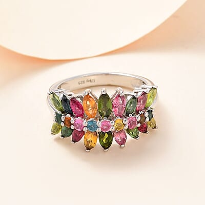 Multi-Tourmaline Cluster Ring in Platinum Over Sterling Silver (Size 10.0) 2.35 ctw