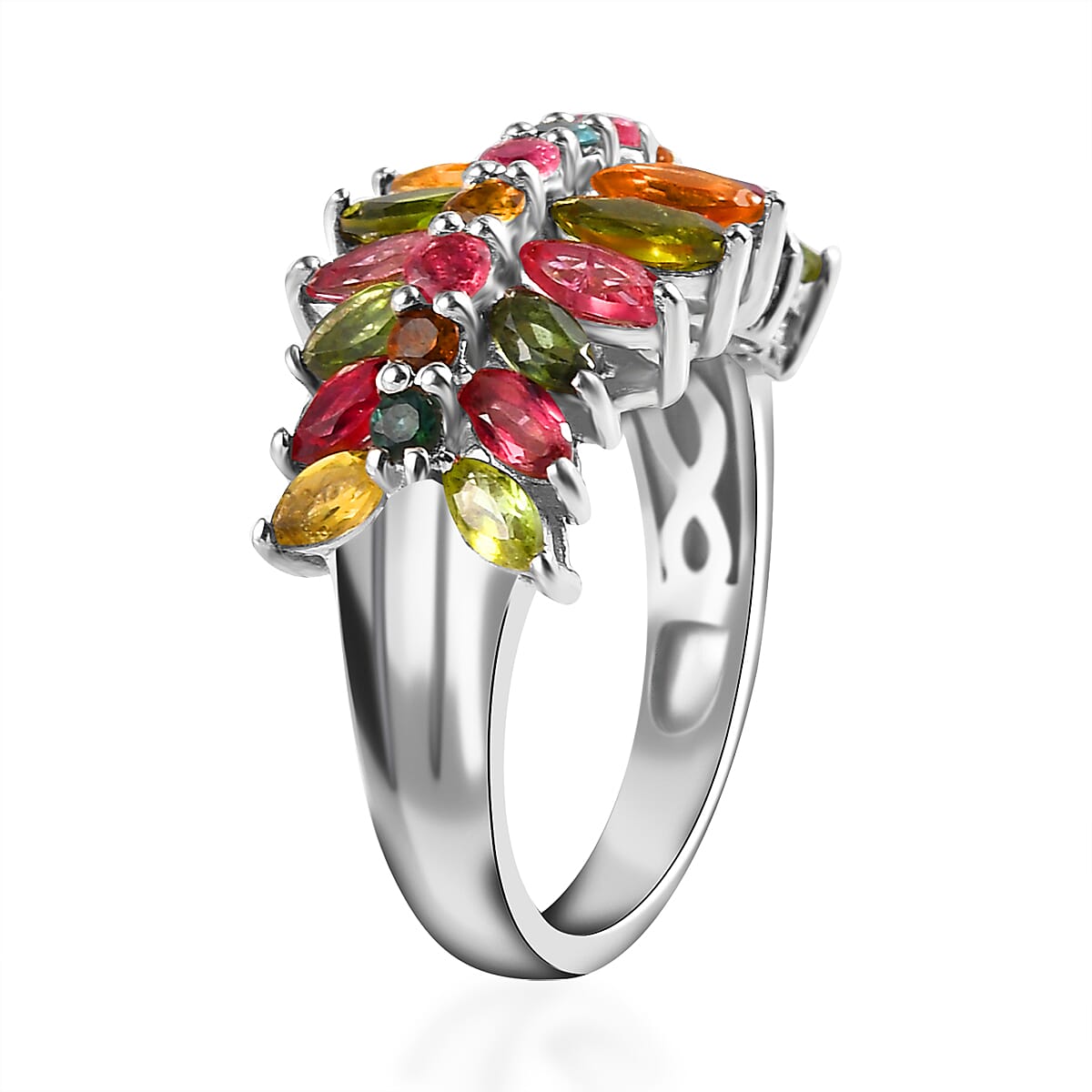 Multi-Tourmaline Cluster Ring in Platinum Over Sterling Silver (Size 10.0) 2.35 ctw