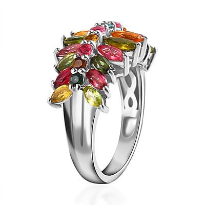 Multi-Tourmaline Cluster Ring in Platinum Over Sterling Silver (Size 10.0) 2.35 ctw