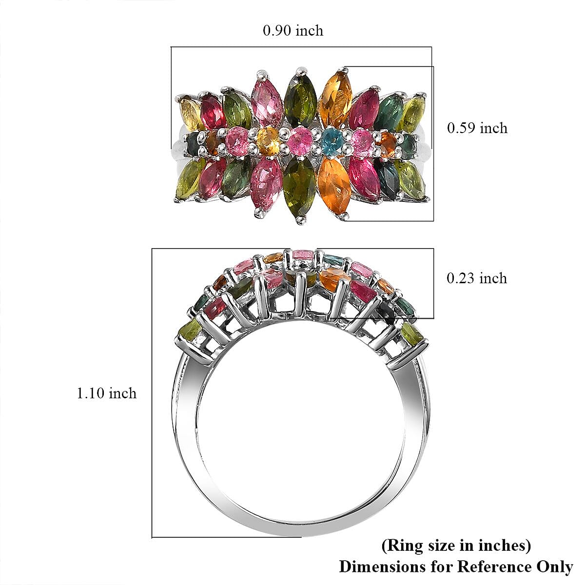 Multi-Tourmaline Cluster Ring in Platinum Over Sterling Silver (Size 10.0) 2.35 ctw