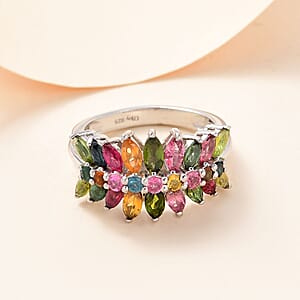 Multi-Tourmaline Cluster Ring in Platinum Over Sterling Silver (Size 6.0) 2.35 ctw