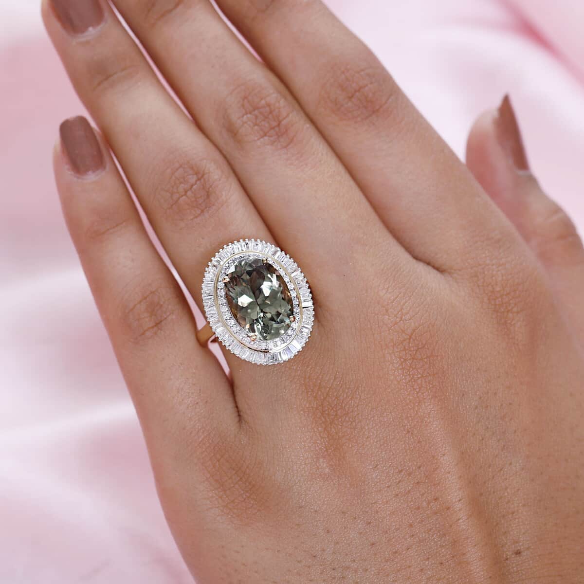 Iliana 18K Yellow Gold AAA Turkizite and Diamond G-H SI Double Halo Ring (Size 7.0) 6.75 Grams 8.00 ctw image number 2