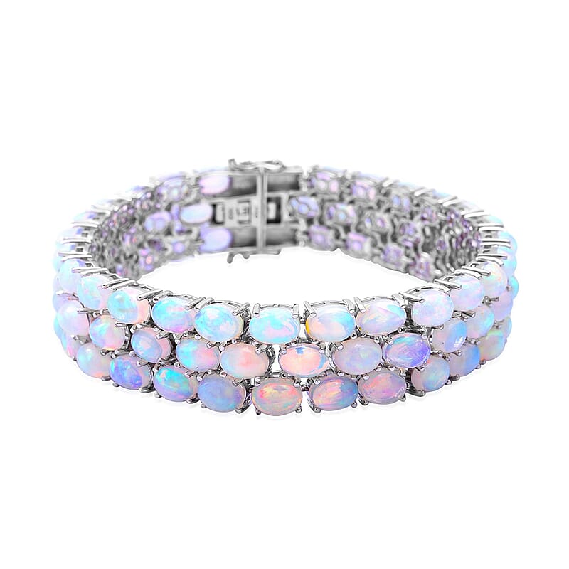 Premium Ethiopian Welo Opal 34.00 ctw Triple-Row Tennis Bracelet in Platinum Over Sterling Silver (6.50 In)